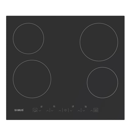 PLITA INCORPORABILA VITROCERAMICA SAMUS PSVE-64BMG4, LATIME 60 CM, 4 ARZATOARE, TOUCH CONTROL, TIMER, SETARI PUTERE IN 9 TREPTE, STICLA CERAMICA, NEGRU MAT Samus