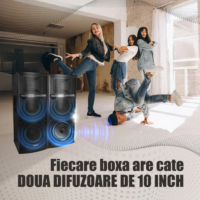SET BOXE AUDIO SAMUS TWIN SOUND 22 PRO, PUTERE RMS 2×120 W / DE IESIRE 2×250 W / PMPO 4000 W, EGALIZATOARE PE 7 BENZI, FM RADIO, BLUETOOTH 5.0, 2 X MUFA INTRARE MICROFON (NEGRU) Samus