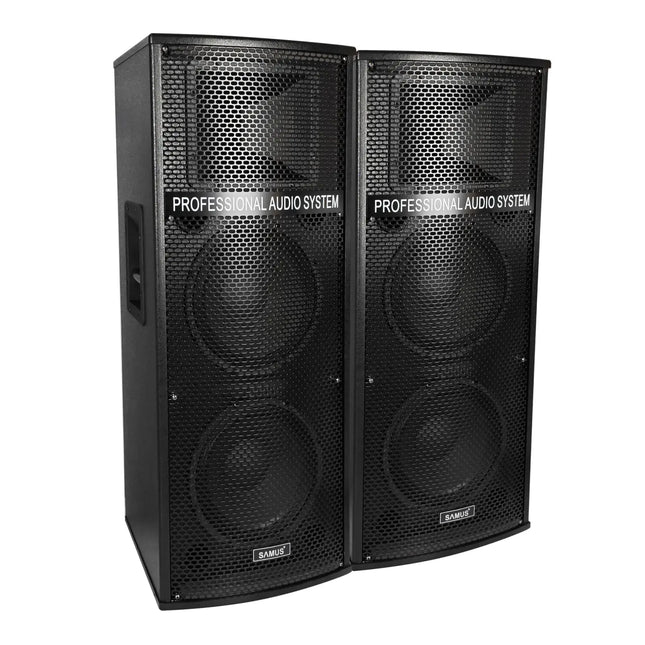 SET BOXE AUDIO SAMUS TWIN SOUND 22 PRO, PUTERE RMS 2×120 W / DE IESIRE 2×250 W / PMPO 4000 W, EGALIZATOARE PE 7 BENZI, FM RADIO, BLUETOOTH 5.0, 2 X MUFA INTRARE MICROFON (NEGRU) Samus