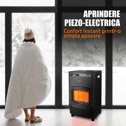 SOBĂ SAMUS RS423, TREI TREPTE DE PUTERE: 1.5 / 2.8 / 4.2 KW, BUTELIE DE PÂNĂ LA 15 KG, APRINDERE PIEZOELECTRICĂ, COMUTATOR ANTI-RASTURNARE, SE UTILIZEAZĂ CU GPL / BUTAN / PROPAN, NEGRU Samus