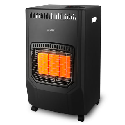 SOBĂ SAMUS RS423, TREI TREPTE DE PUTERE: 1.5 / 2.8 / 4.2 KW, BUTELIE DE PÂNĂ LA 15 KG, APRINDERE PIEZOELECTRICĂ, COMUTATOR ANTI-RASTURNARE, SE UTILIZEAZĂ CU GPL / BUTAN / PROPAN, NEGRU Samus