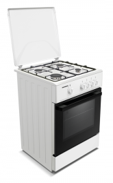 Aragaz HEINNER HFSC-K6060WH, Gaz, 4 arzatoare, Aprindere electrica plita, Duze GPL incluse, Tava si gratar cromat, 60cm Alb