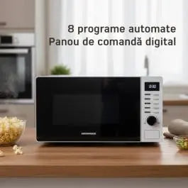 Cuptor cu microunde HEINNER HMW-2060DWH, 20 L, 700 W, 5 trepte putere, 8 programe, Decongelare, TImer, Platou 24.5 cm Alb