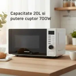 Cuptor cu microunde HEINNER HMW-2060DWH, 20 L, 700 W, 5 trepte putere, 8 programe, Decongelare, TImer, Platou 24.5 cm Alb