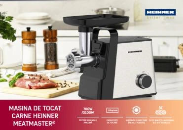 Mașină de tocat Heinner Meatmaster HMG-2100SS3 – 2100 W, 1.8 kg/min, 2 viteze, 3 site, accesorii roșii/cârnați, negru/inox