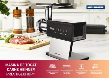 Mașină de tocat Heinner Prestigechop HMG-DTSS2500 – 2500 W, motor DC, angrenaj planetar 6 roți, 2.5 kg/min, inox