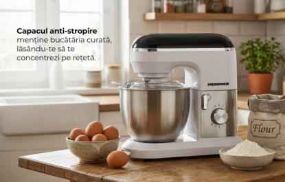 Mixer planetar Heinner HPM-1010WHBK, 1000 W, Bol inox 5 l, 10 viteze + pulse, Accesorii: tel, carlig framantare, paleta, capac transparent protectie, Alb