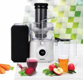 Storcător de fructe Heinner Pearlwhite HSF-K1000DCWP – 1000 W, motor DC, viteză variabilă, recipient pulpă 1 L, filtru inox, tub 84 mm, alb perlat