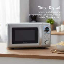 Cuptor cu microunde Heinner HMW-2060SL, 20 l, 700W, 5 trepte de putere, 8 programe de gatit automate, Control digital, Timer, Timp maxim de gatire 60 min, Functie decongelare, Semnal sonor la finalizarea programului, Blocare acces copii, Argintiu