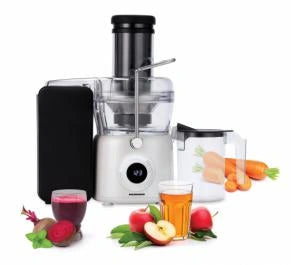 Storcător de fructe Heinner Pearlwhite HSF-K1000DCWP – 1000 W, motor DC, viteză variabilă, recipient pulpă 1 L, filtru inox, tub 84 mm, alb perlat