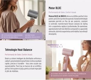 Uscător de păr Heinner HHD-H16BLDC-PNK – 1600 W, motor BLDC, HeatBalance, 3 trepte, 4 temperaturi, roz