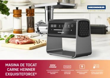 Mașină de tocat Heinner Exquisiteforce HMG-DIS2500 – 2500 W, motor DC, angrenaj planetar 6 roți, 2.5 kg/min, inox