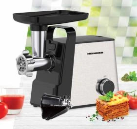 Mașină de tocat Heinner Meatmaster HMG-2100SS3 – 2100 W, 1.8 kg/min, 2 viteze, 3 site, accesorii roșii/cârnați, negru/inox