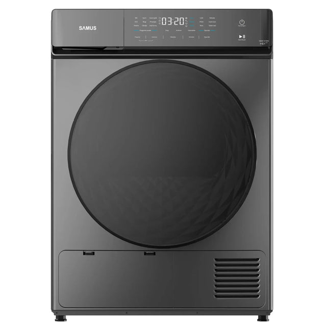USCĂTOR DE RUFE SAMUS SWDP-919DS, 8 KG, TIP PROCEDURĂ USCARE: POMPĂ DE CĂLDURĂ, 18 PROGRAME, CLASĂ ENERGETICĂ E, ANTI-SIFONARE, BLOCARE ACCES COPII, GRI ÎNCHIS Samus