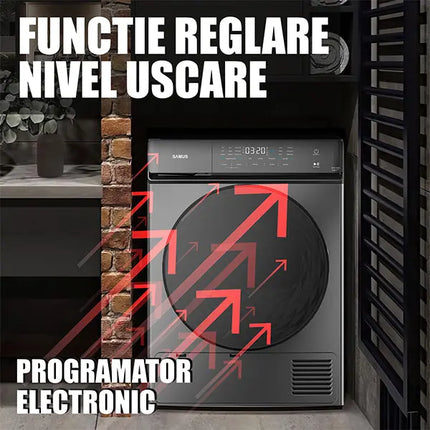 USCĂTOR DE RUFE SAMUS SWDP-919DS, 8 KG, TIP PROCEDURĂ USCARE: POMPĂ DE CĂLDURĂ, 18 PROGRAME, CLASĂ ENERGETICĂ E, ANTI-SIFONARE, BLOCARE ACCES COPII, GRI ÎNCHIS Samus