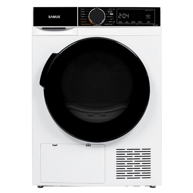 USCĂTOR RUFE AUTOMAT SAMUS SADP-835, POMPĂ DE CĂLDURĂ, 8 KG, CLASĂ D, LĂȚIME 60 CM, ANTISIFONARE, IGIENIZARE UV, BLOCARE ACCES COPII, PORNIRE ÎNTÂRZIATĂ, ALB Samus