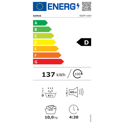 Uscator de rufe Samus SGDP-1024, 10 kg, Afisaj electronic, Tip procedura uscare pompa de caldura, 16 programe, Clasa energetica D, Anti-sifonare, Blocare acces copii, Pornire intarziata, Alb